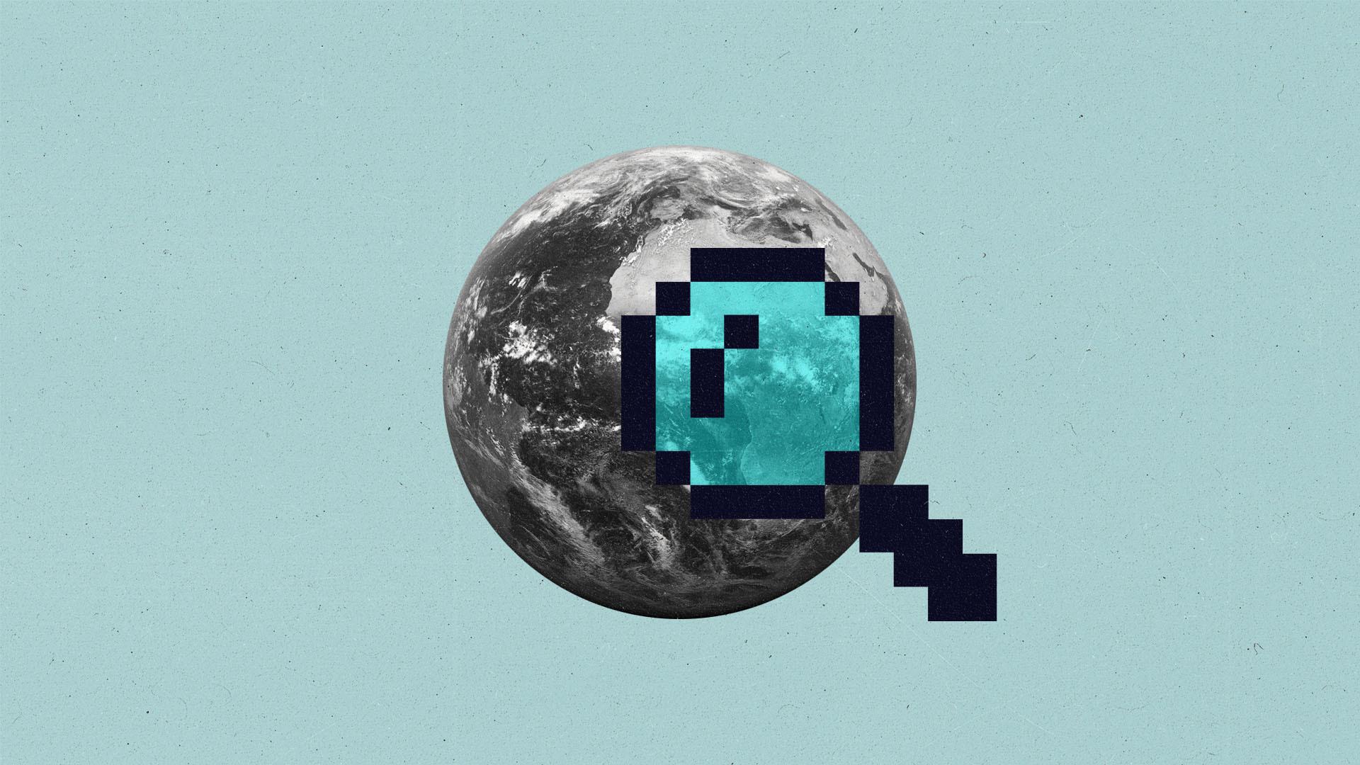 A globe spinning as a pixel magnifying glass floats over it.