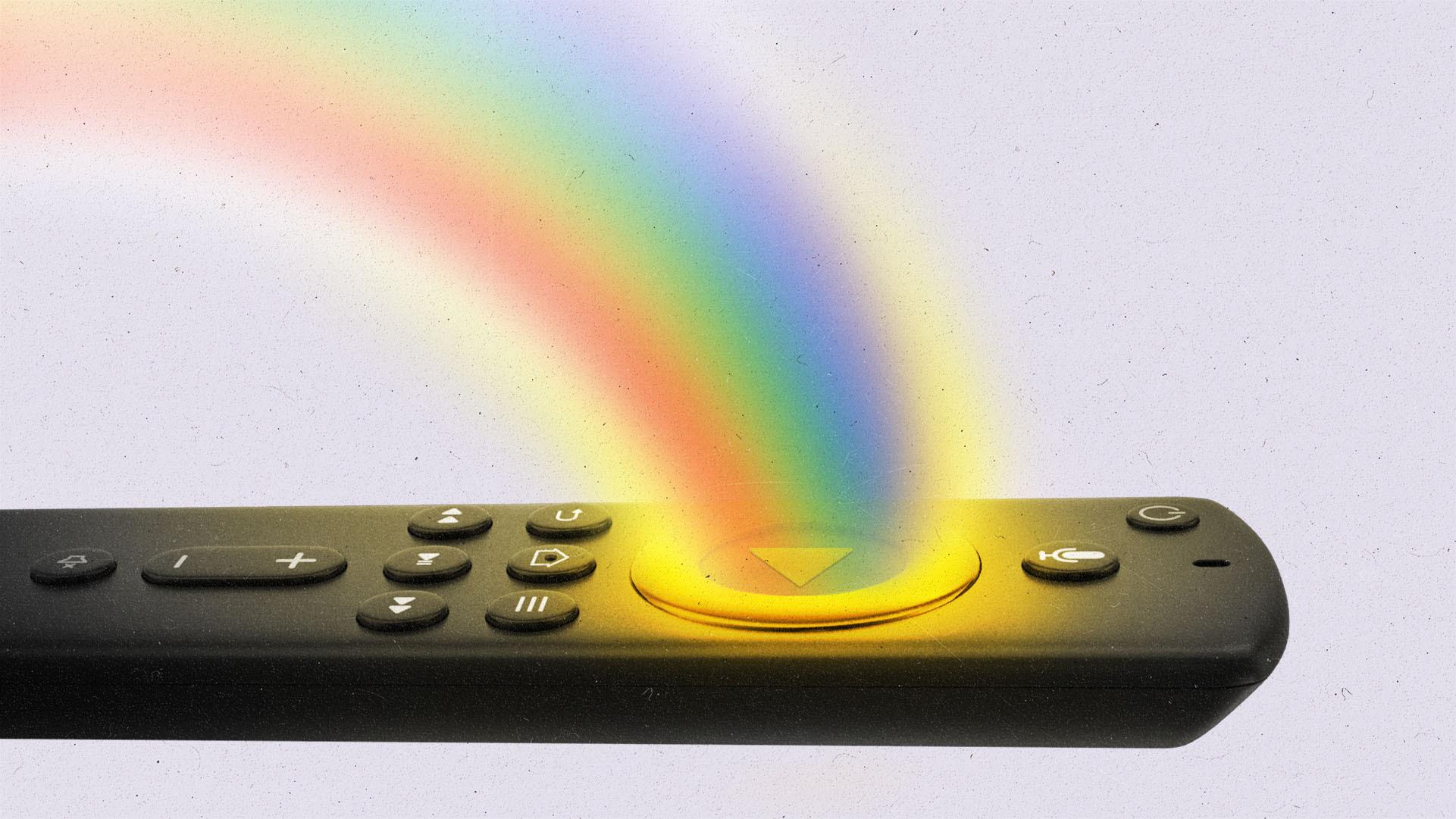 A streaming remote with a rainbow leading to the circular center button, which is glowing gold.