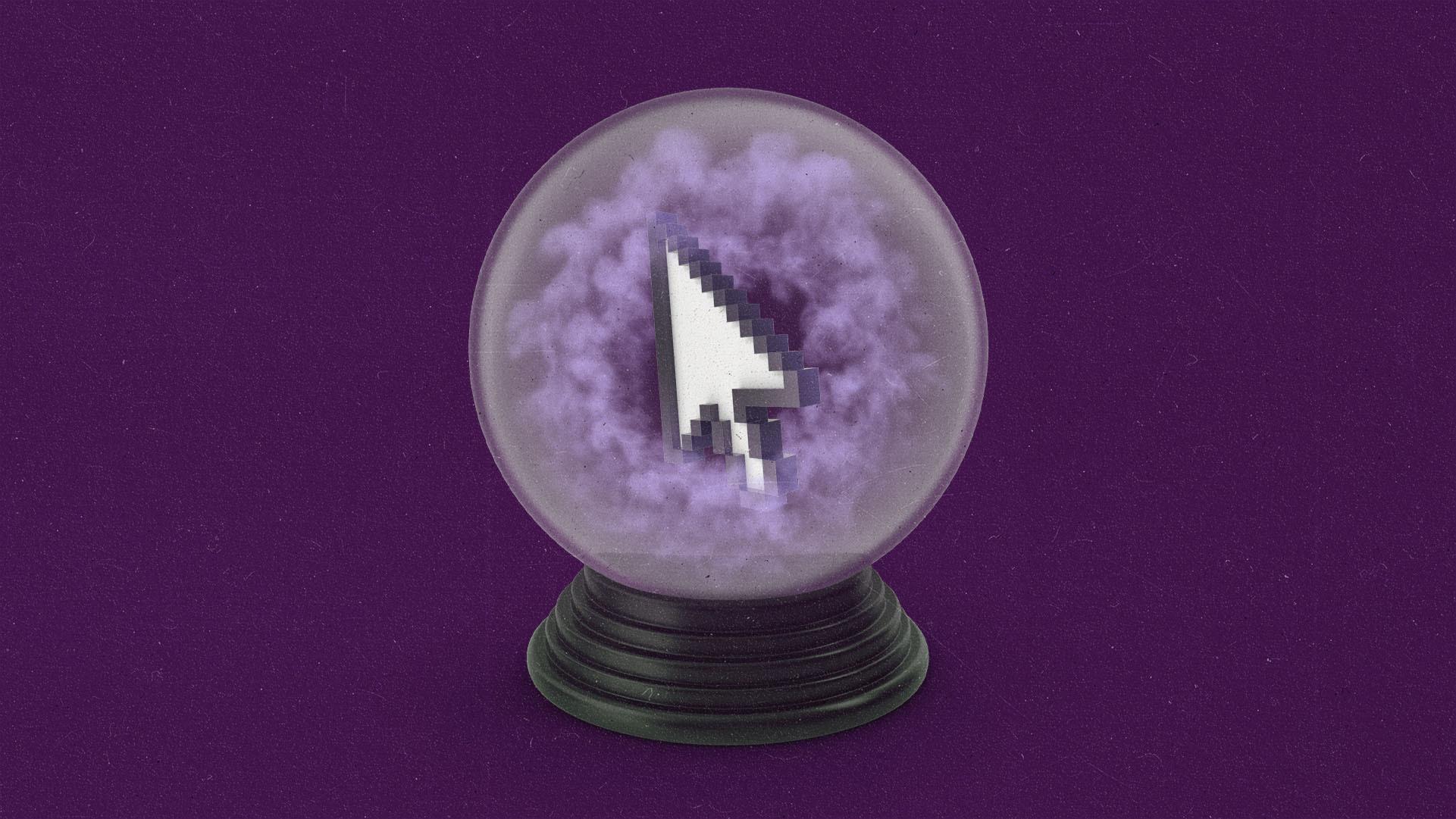 A crystal ball with a pixellated cursor floating inside.