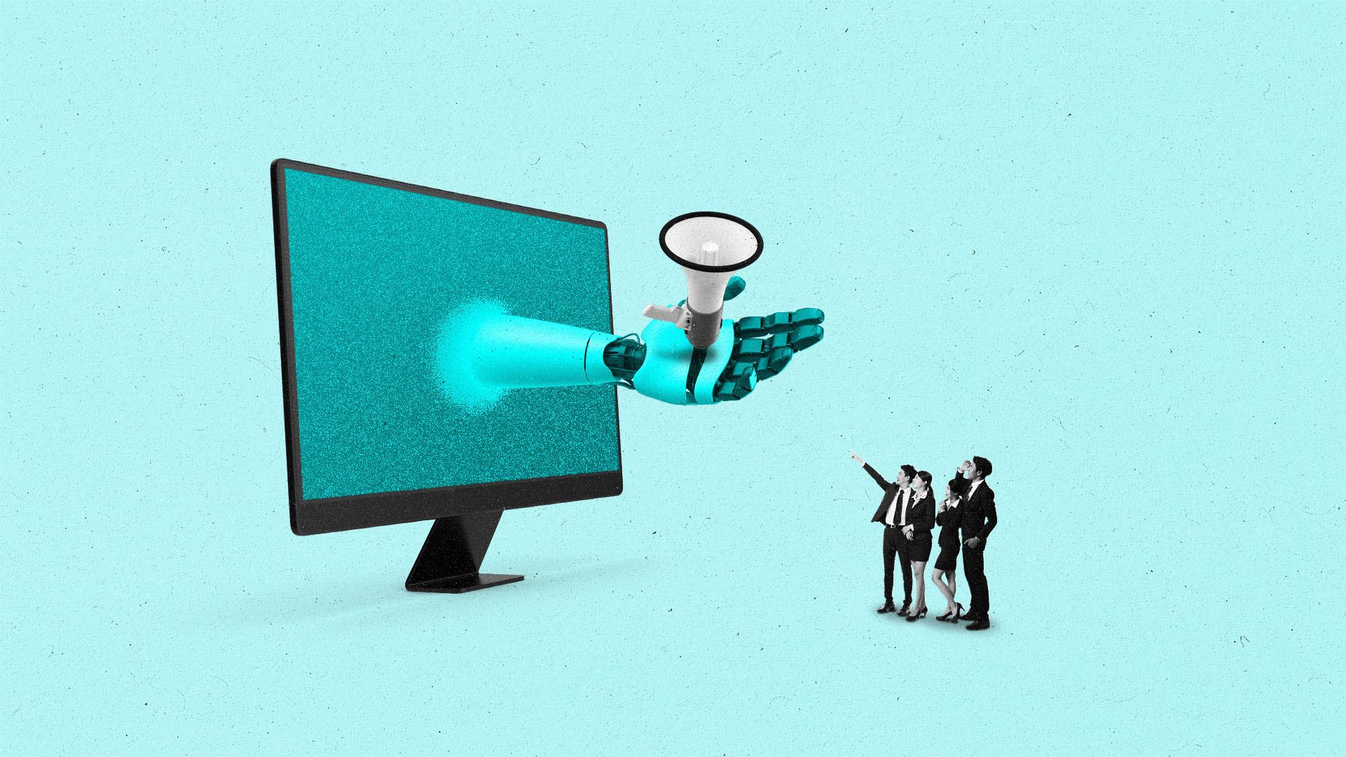Business people pointing at a large screen with a robot hand holding a megaphone emerging from it.
