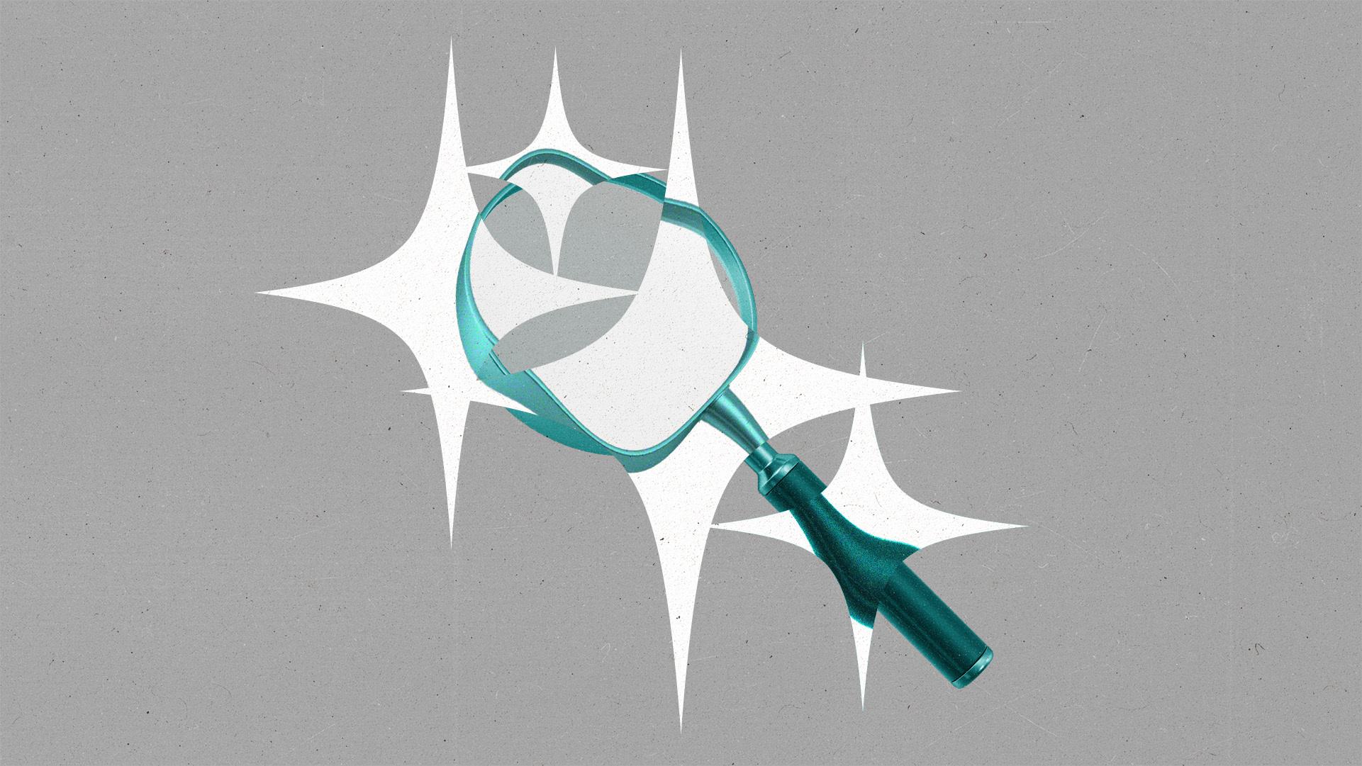 AI sparkle shapes hover over a magnifying glass, distorting its image.