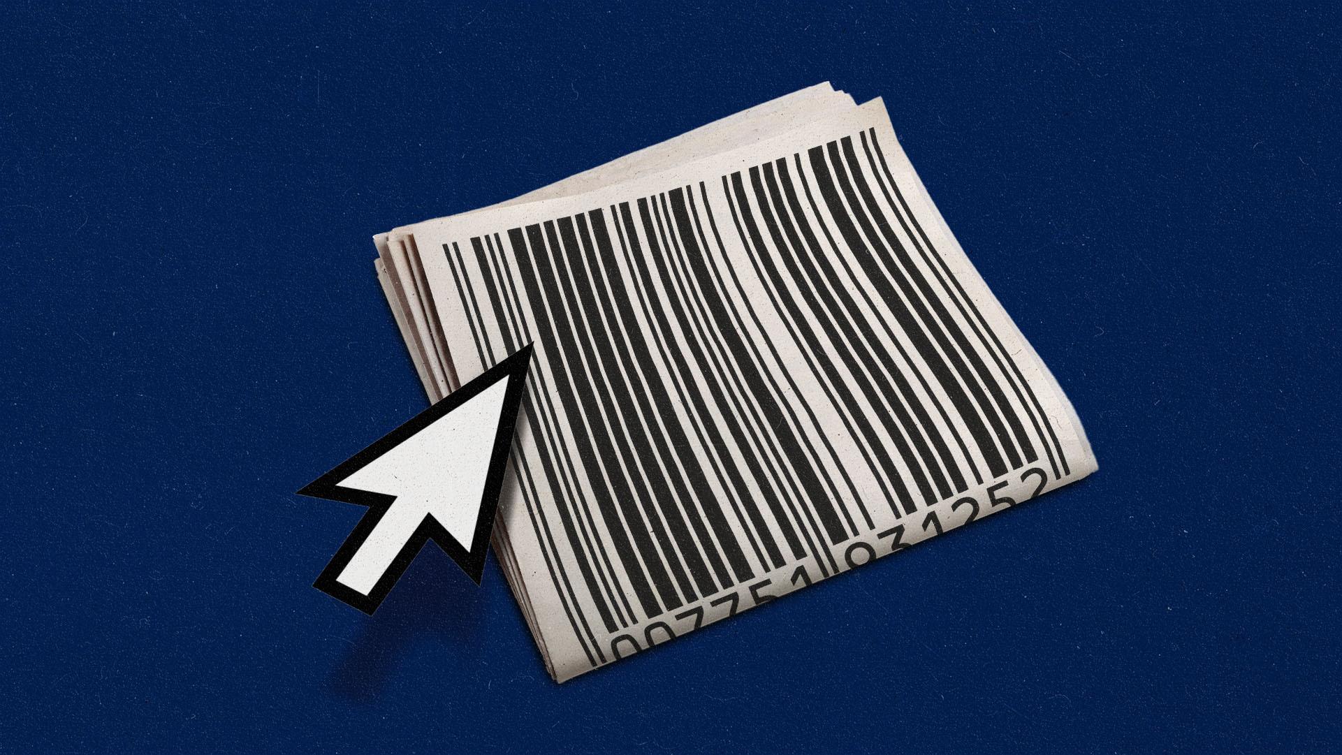 A newspaper with a large barcode taking over the cover, being clicked on by a cursor.