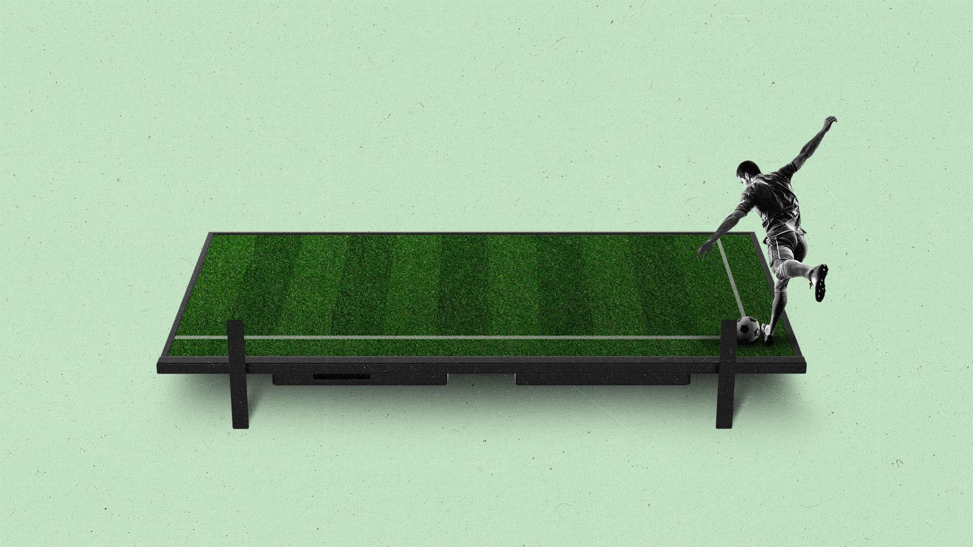 A soccer player doing a corner kick from the corner of a TV.