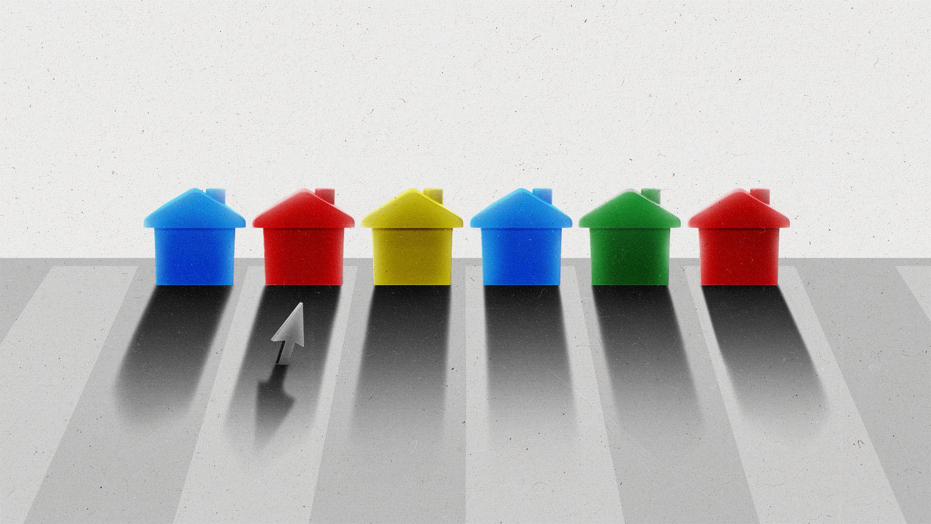 Six board game houses are lined up in Google brand colors and cast long shadows over a silver cursor game piece.