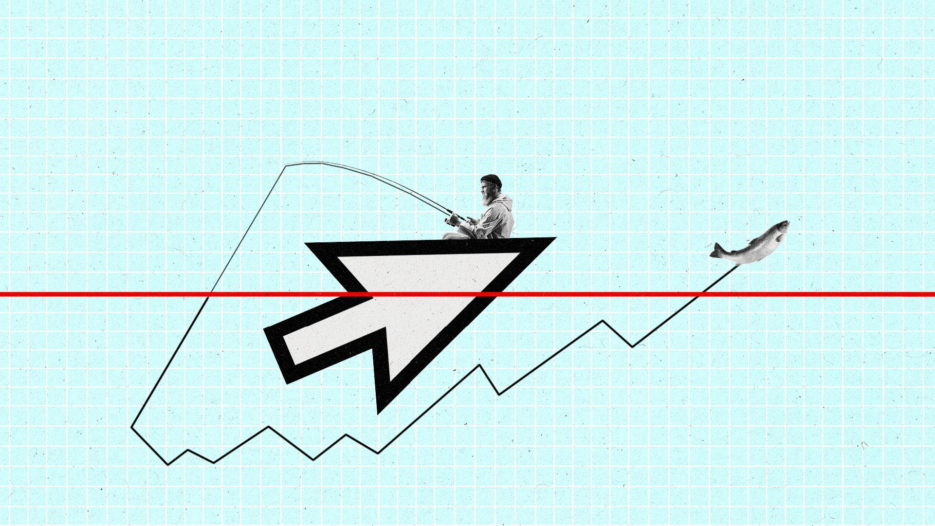 A fisherman in a cursor shaped boat, casting an upward-trending line to catch a fish.