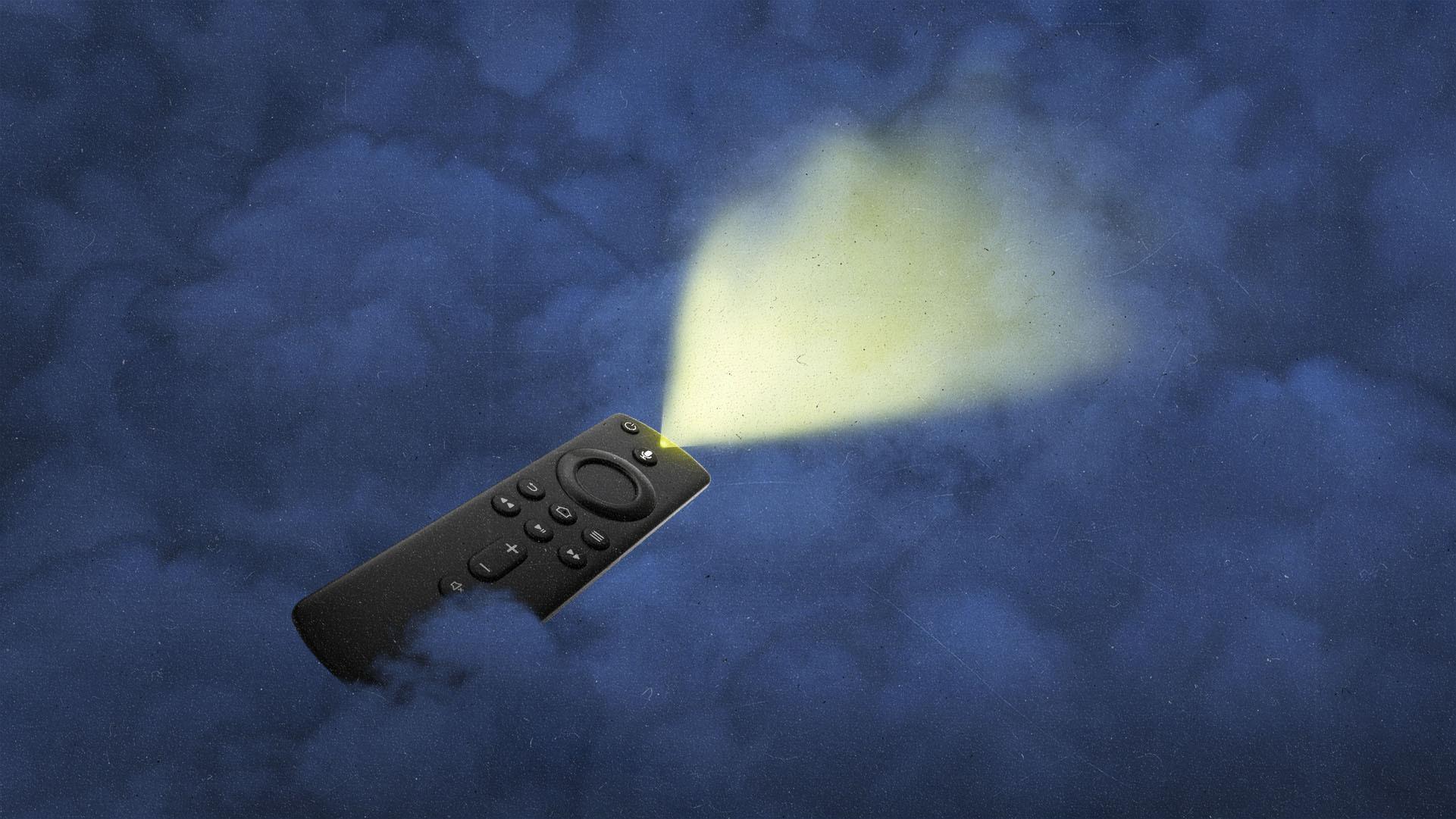 A streaming remote flying through a dark cloudy sky and guiding itself with a spotlight.