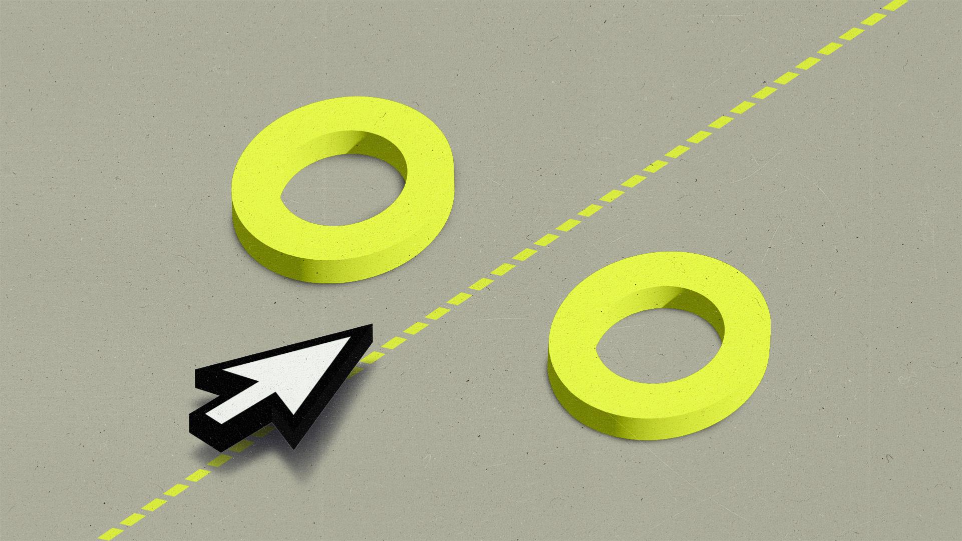 a cursor floating over and following a dashed line, which runs between two 0s to create a percent symbol.