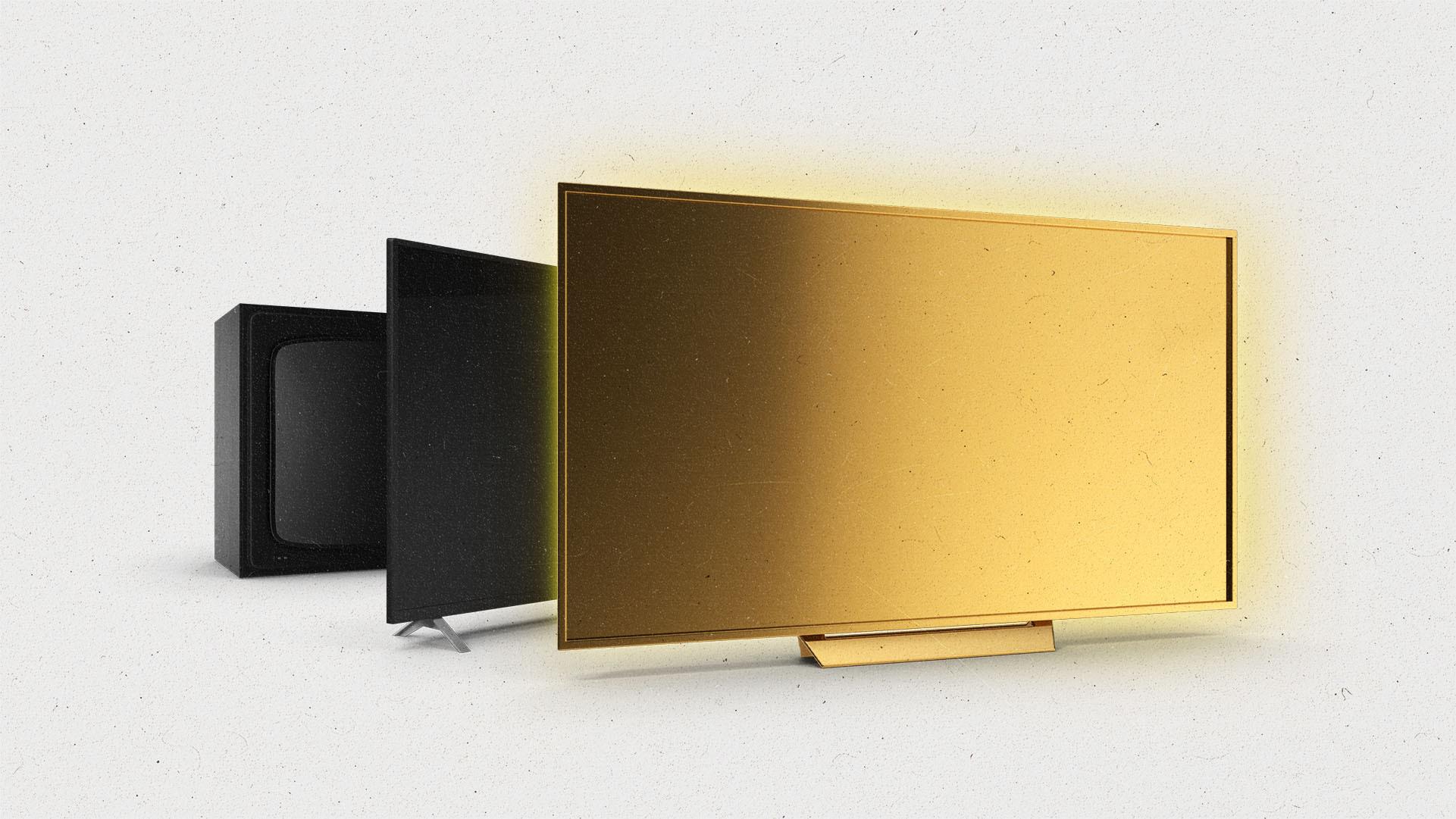 A row of TVs starting with a vintage tube tv, to a flatscreen, to a glowing golden LED TV.