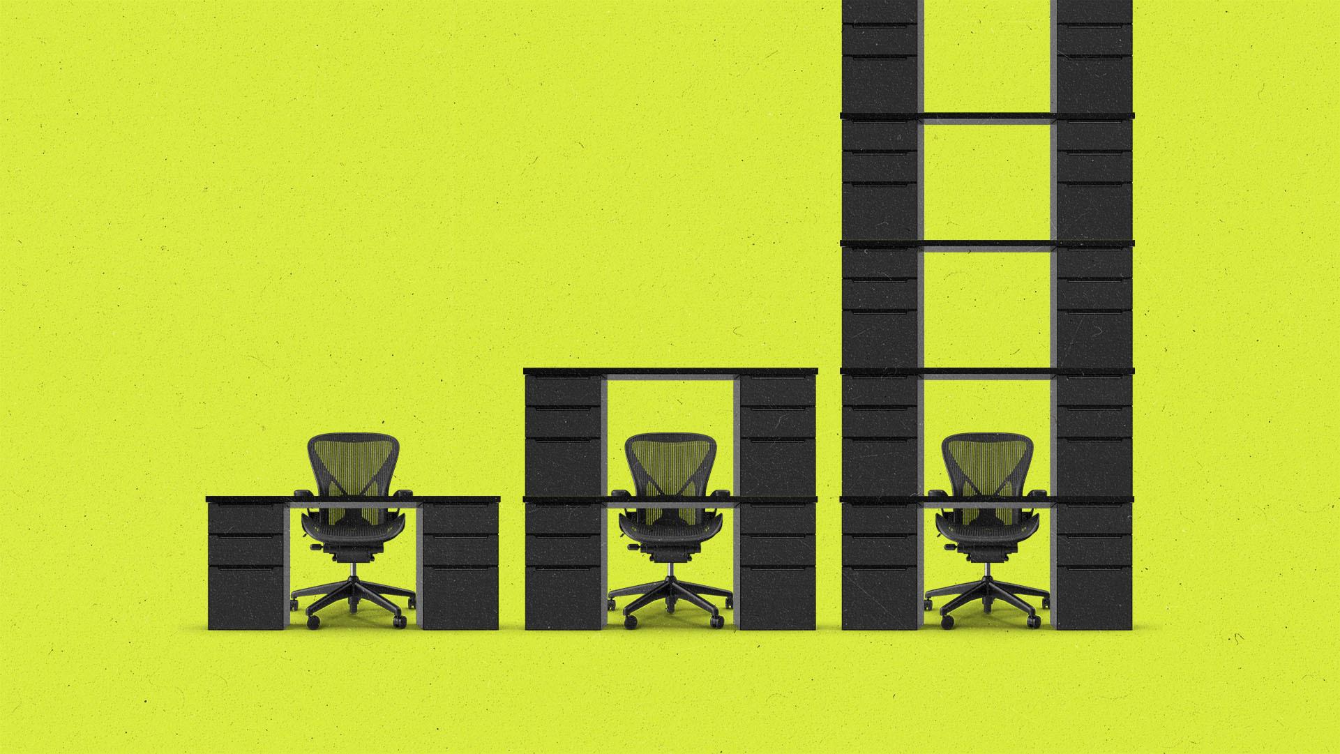 A row of stacked desks visualizing a growing bar chart.
