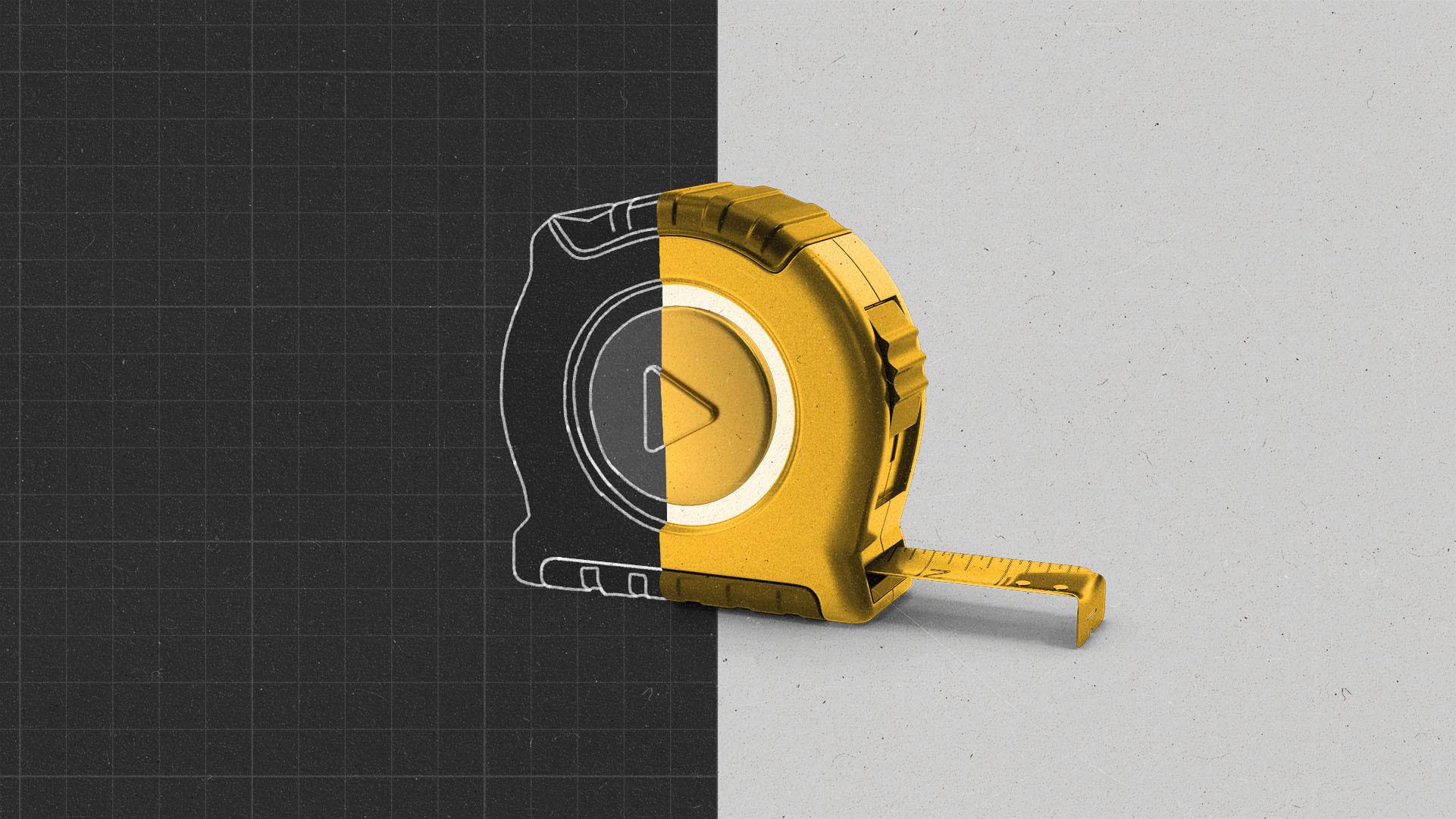 A golden measuring tape with a play button on it, half obscured by a blueprint of the same measuring tape.