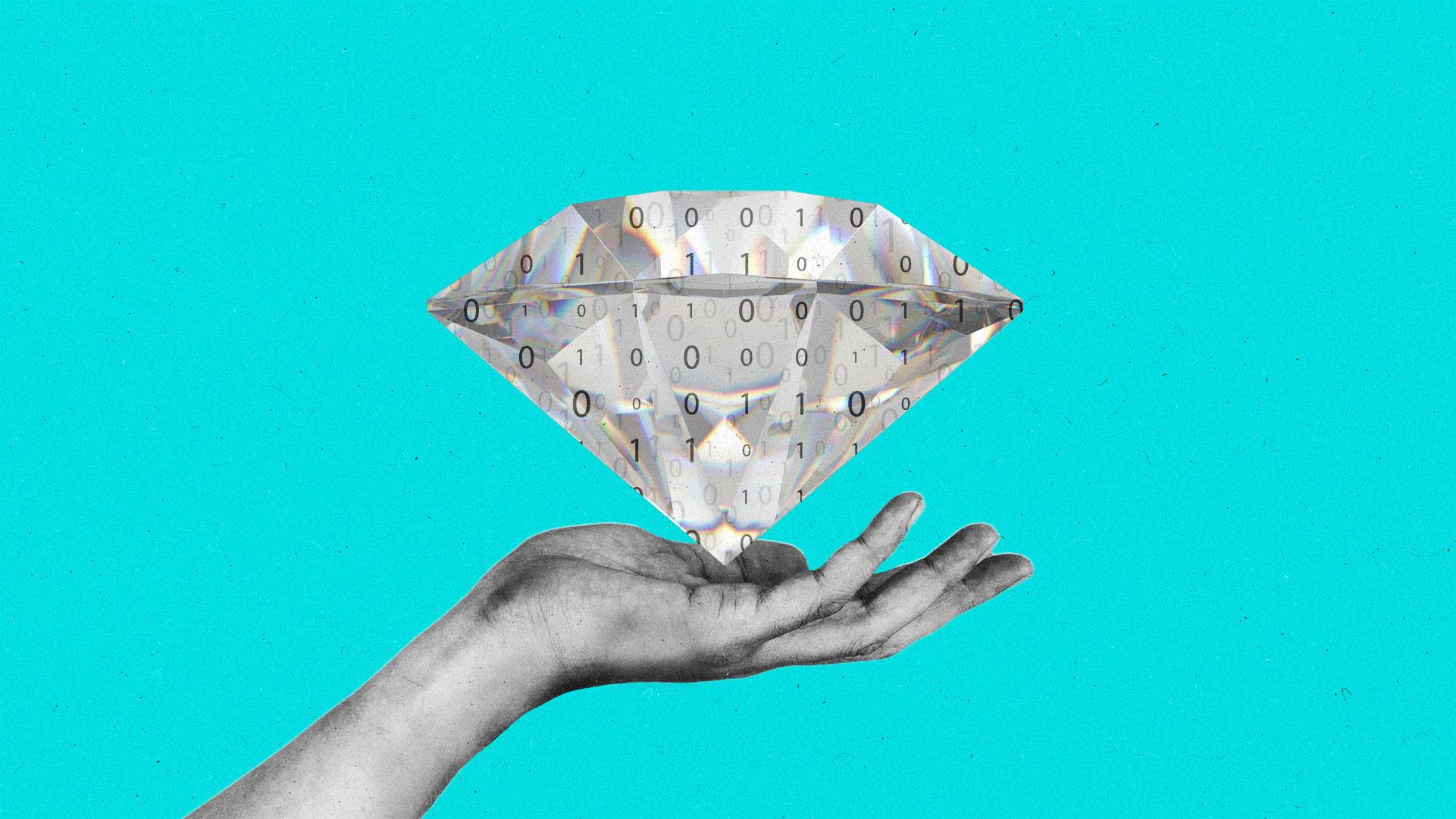 A hand holding a hovering diamond with binary code visible inside.