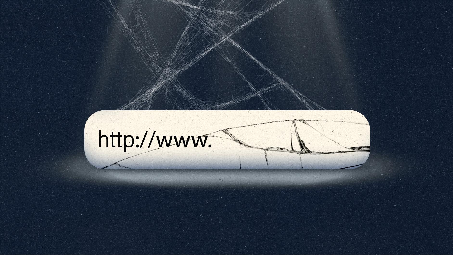 A cracked, dusty website address bar with "http://" written inside it.