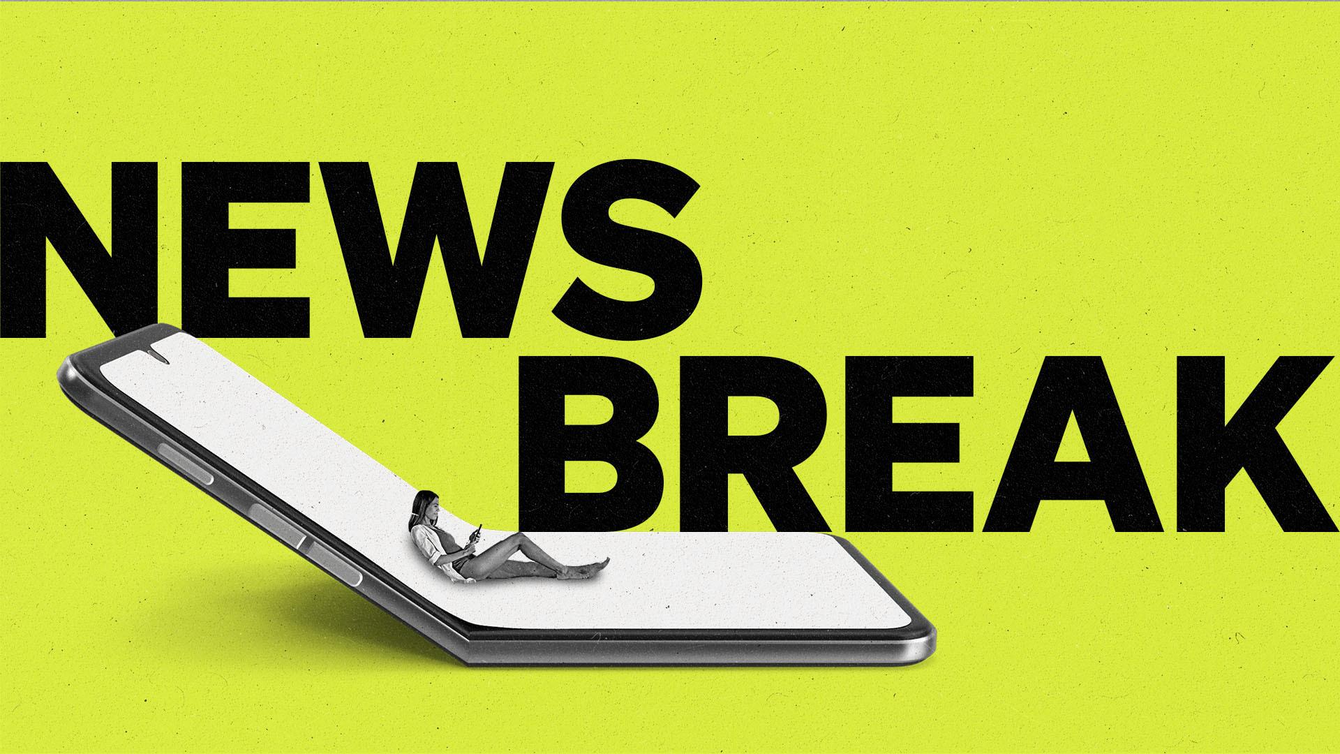 The Current, News Break. A woman sits on a folded phone.