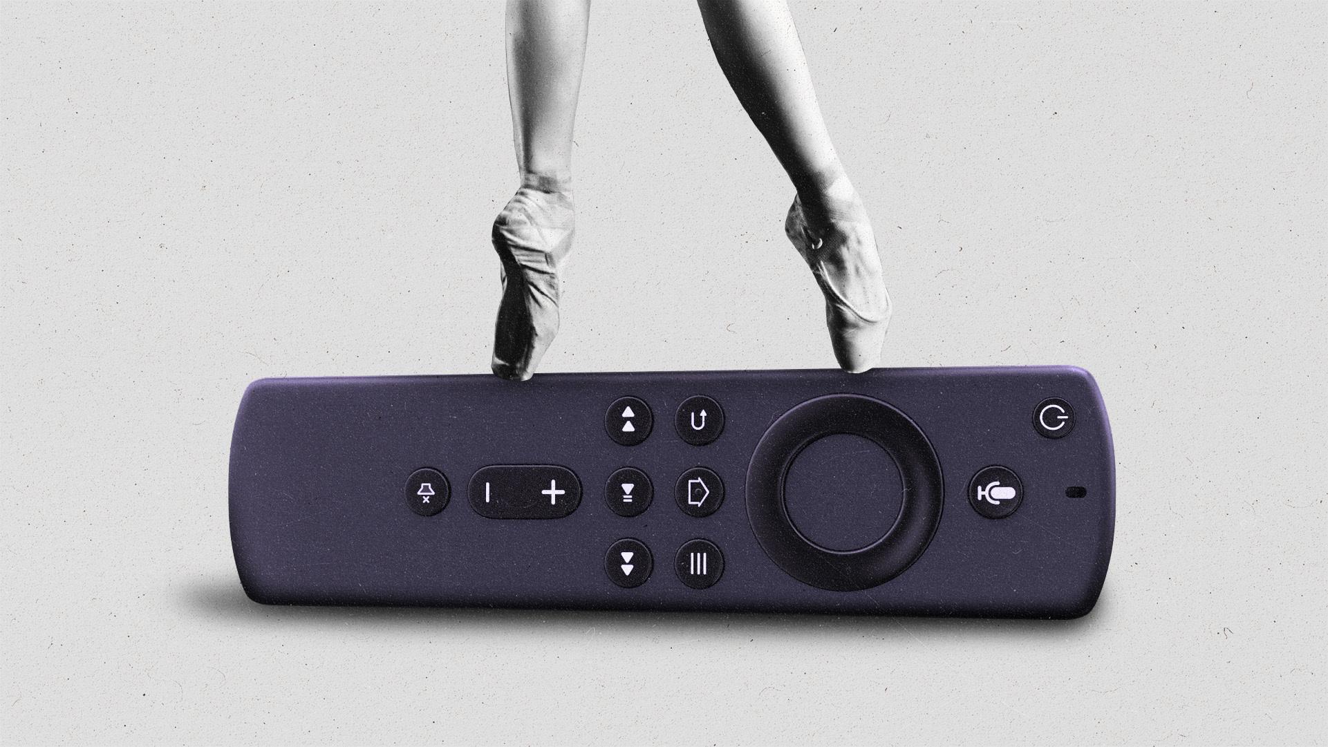 Ballerina's feet balancing on the edge of a streaming remote.
