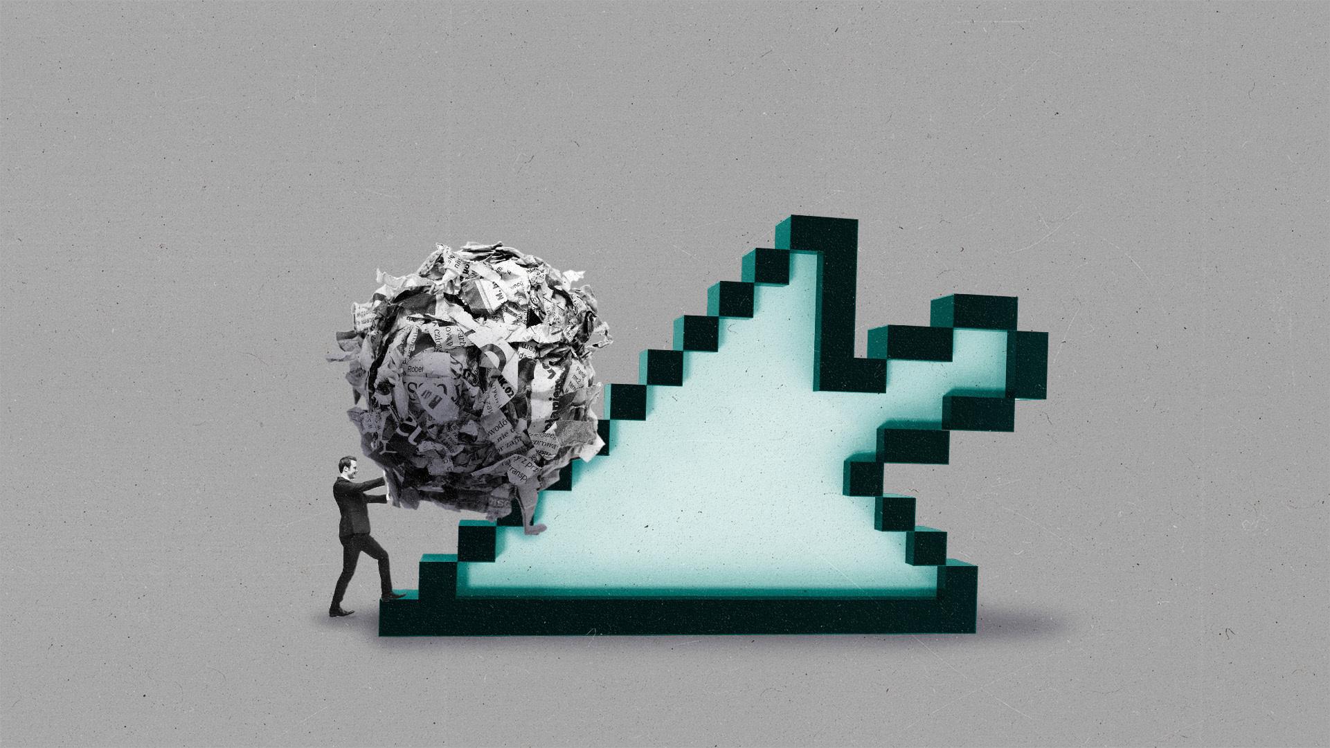 Businessman pushing giant ball of newspaper up the slanted side of a cursor.