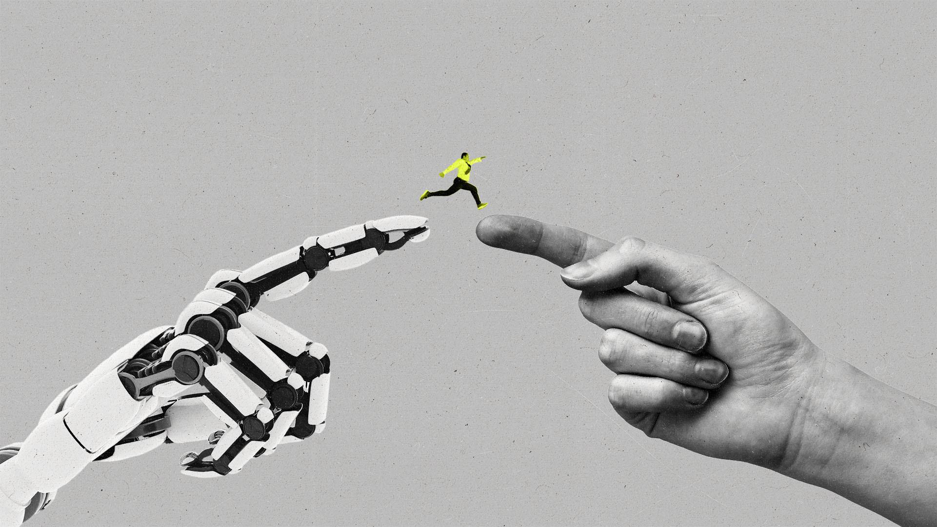 A robot hand reaching out a finger towards a human hand, with a small human jumping from finger to finger.