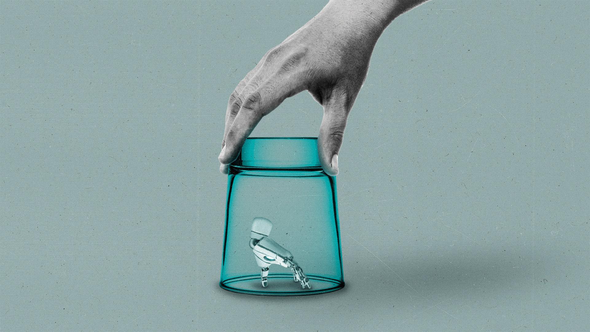 Hand holding a drinking glass upside-down, trapping a robotic hand inside.