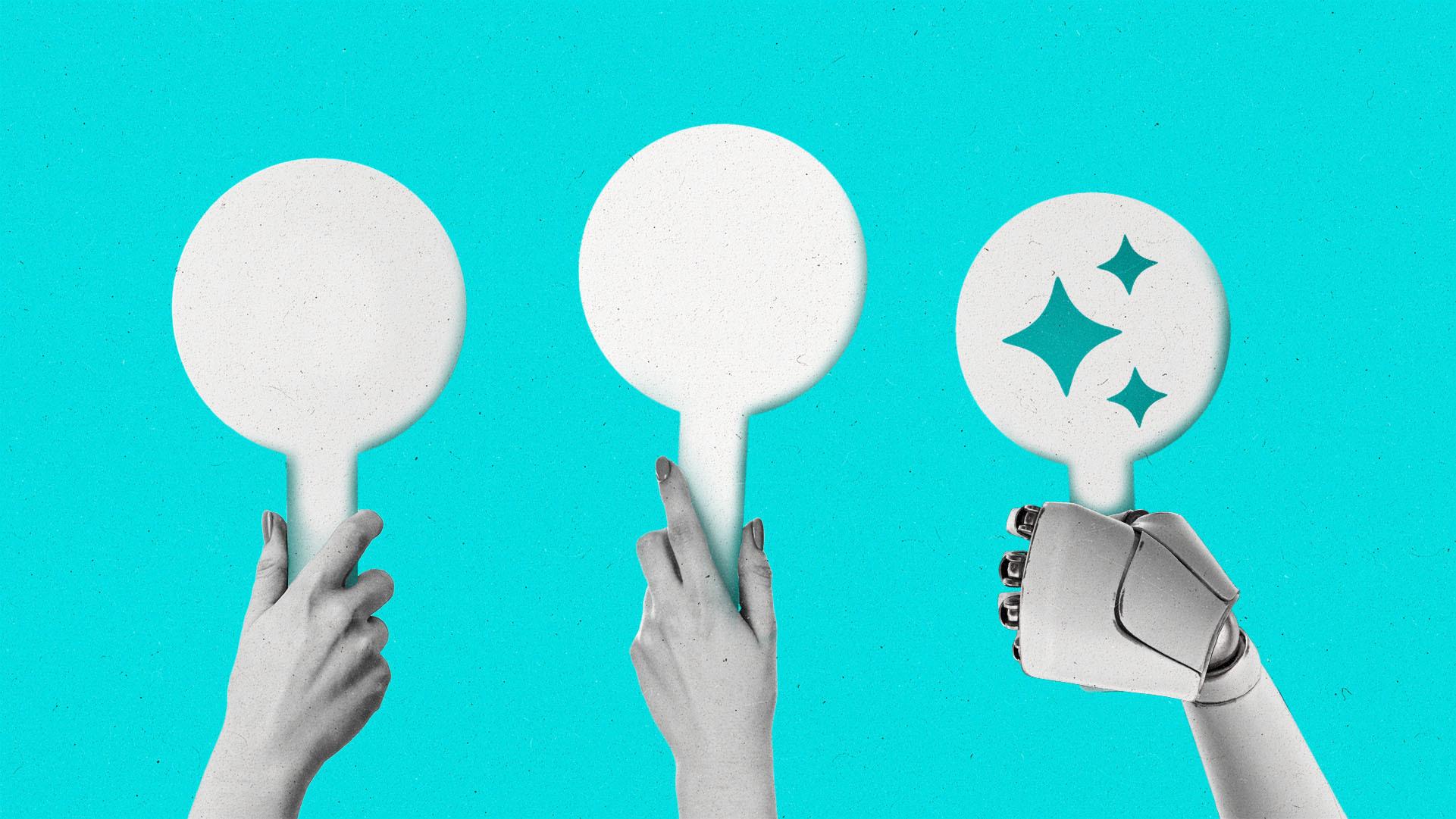 Two human hands holding auction paddles and one robotic hand holding a paddle with AI sparkles on it.