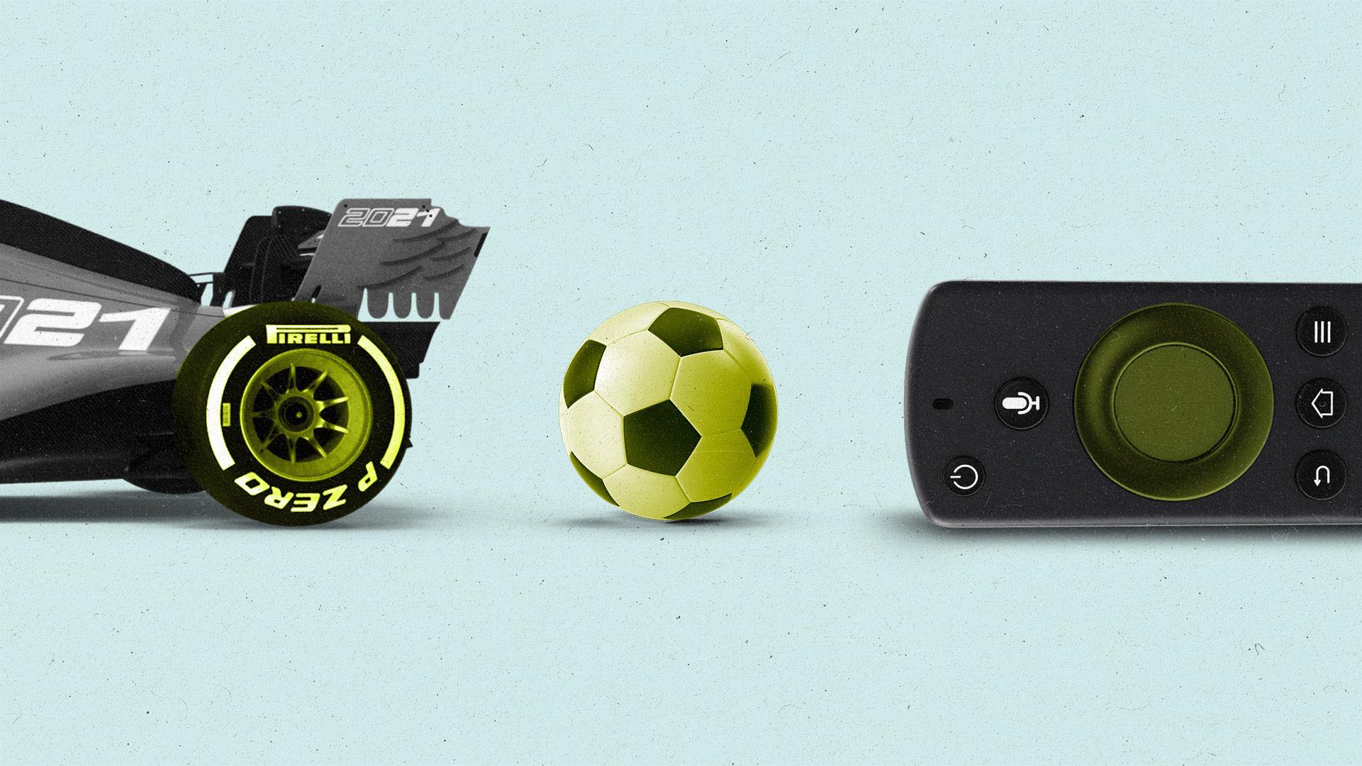 A Formula 1 car, soccer ball and streaming remote, all with a yellow highlighted circle.