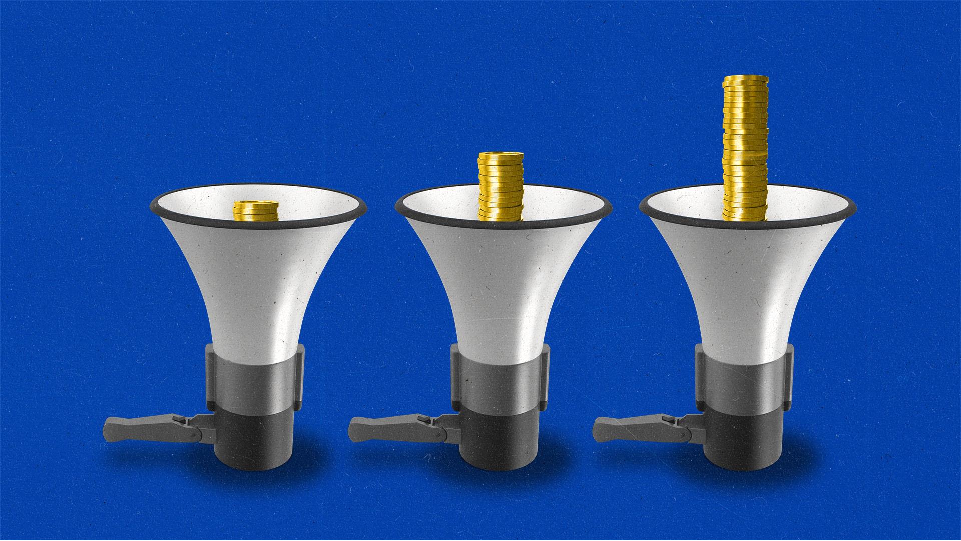 Three megaphones are lined up with an increasingly tall stack of coins piled in each one.