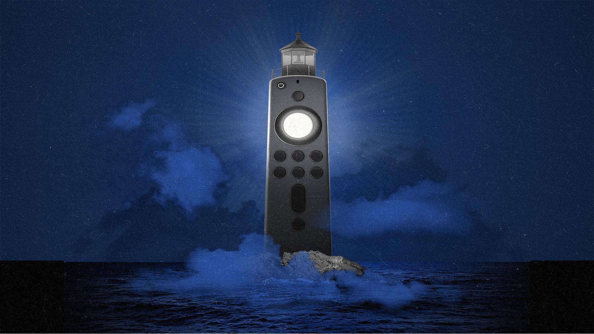 A TV remote looks like a shining lighthouse on a dark night on the water.
