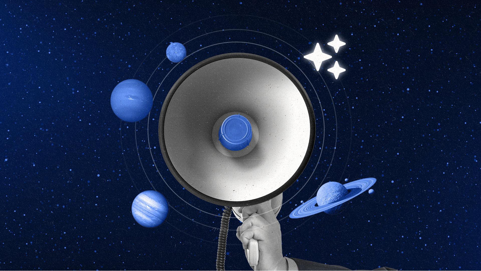 Megaphone in space surrounded by planets with AI stars in the corner.