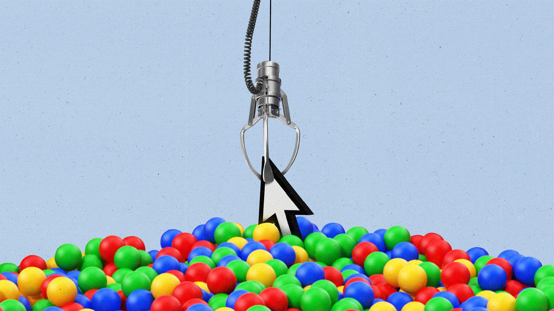 A claw machine claw pulling a cursor out of a ball pit filled with red, yellow, blue and green balls.