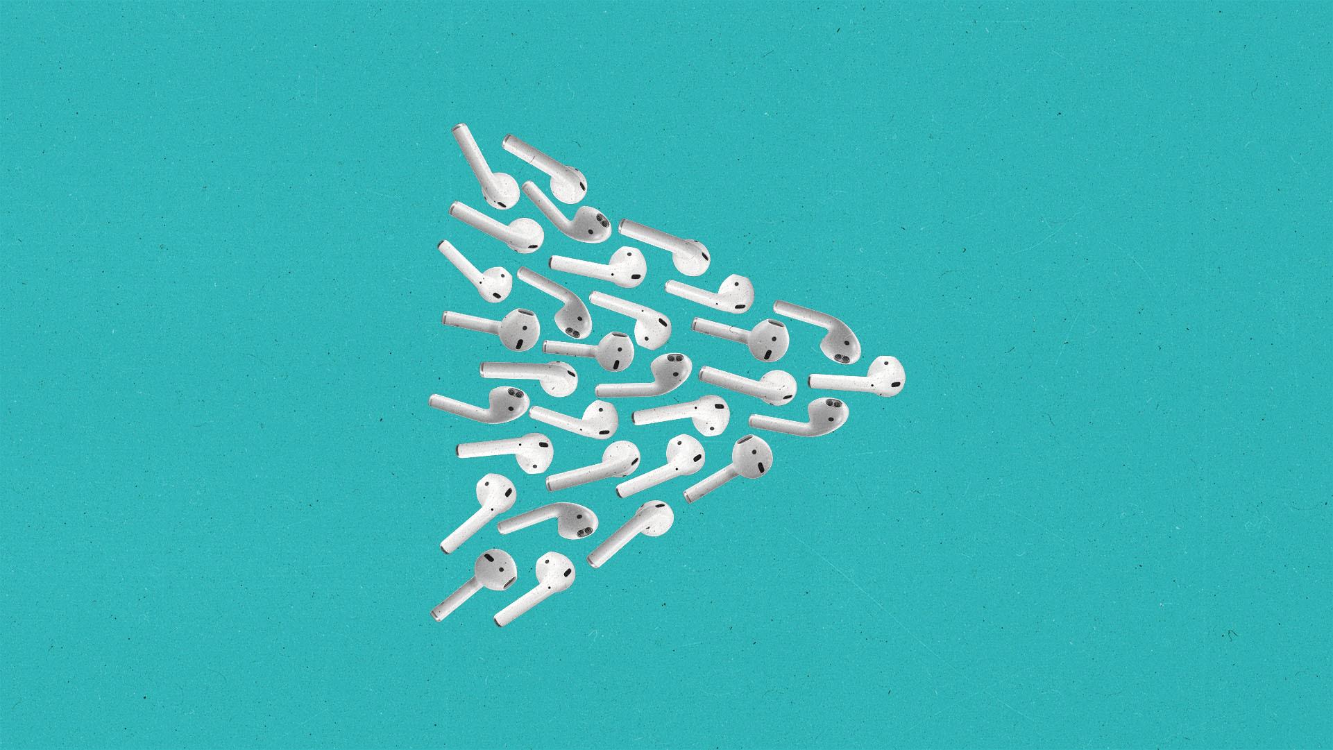 Wireless earbuds floating together like a school of fish creating the image of a play button