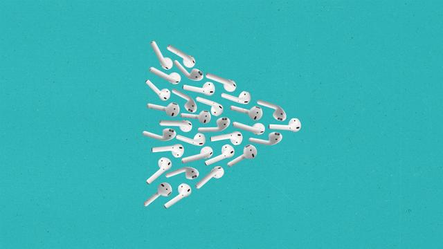 Wireless earbuds floating together like a school of fish creating the image of a play button