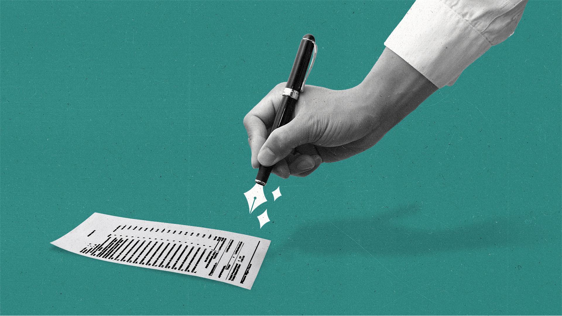 Signing a bill with a fountain pen with it's point as AI star symbol.