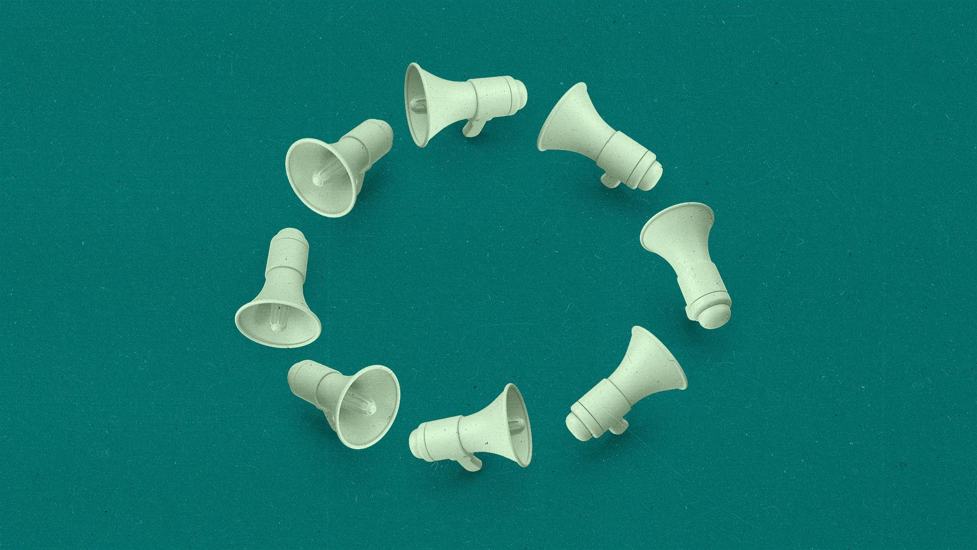 A group of megaphones following each other in a circle.