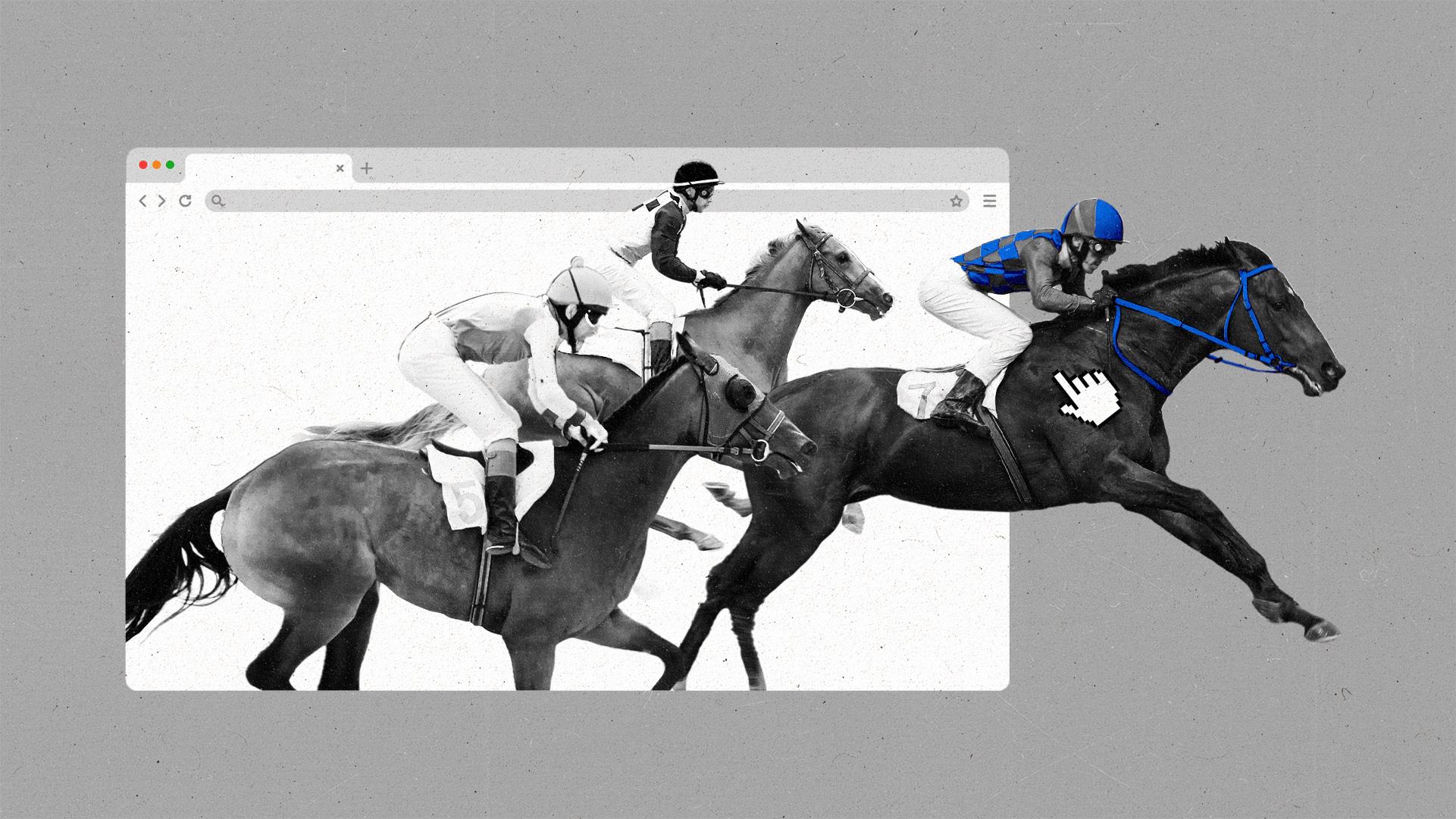 Horses racing to reach the outside of a browser window, with a cursor clicking on the lead horse.