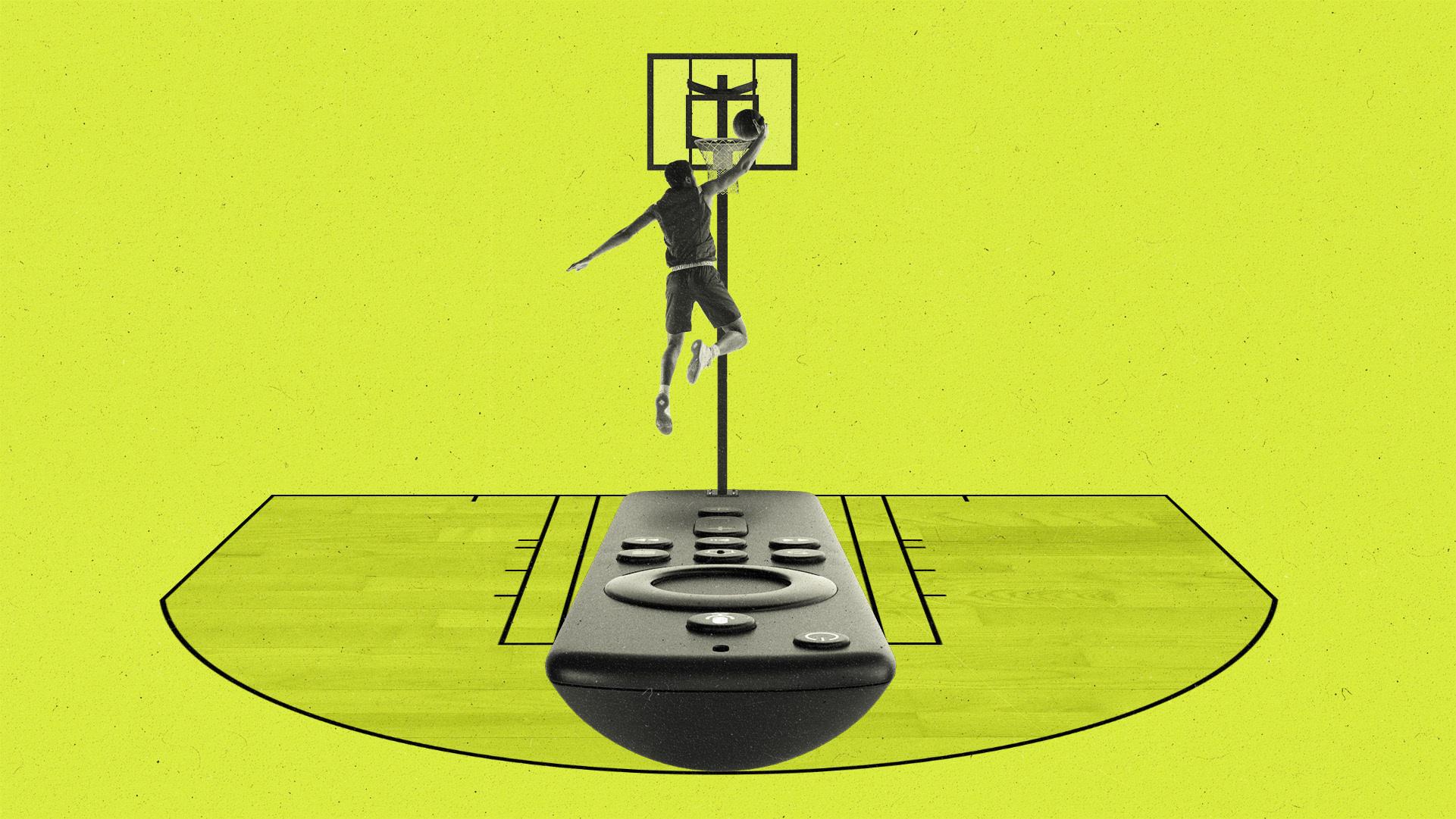 Streaming remote forming a portion of a basketball court where a player dunks the ball.