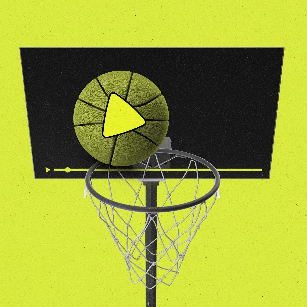 A basketball with a play button being thrown into a basketball hoop with a TV backboard.