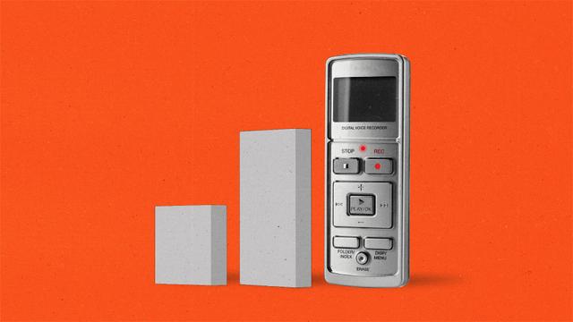 Increasing bar graph with the a tape recorder at the end.