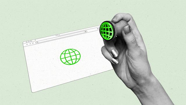 Hand stamps an image of a globe on a web browser window.