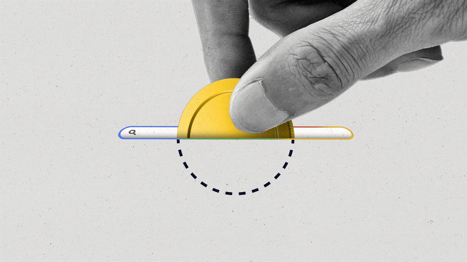 Inserting a coin into a search bar shaped slot with a dashed line continuing the shape of the coin.