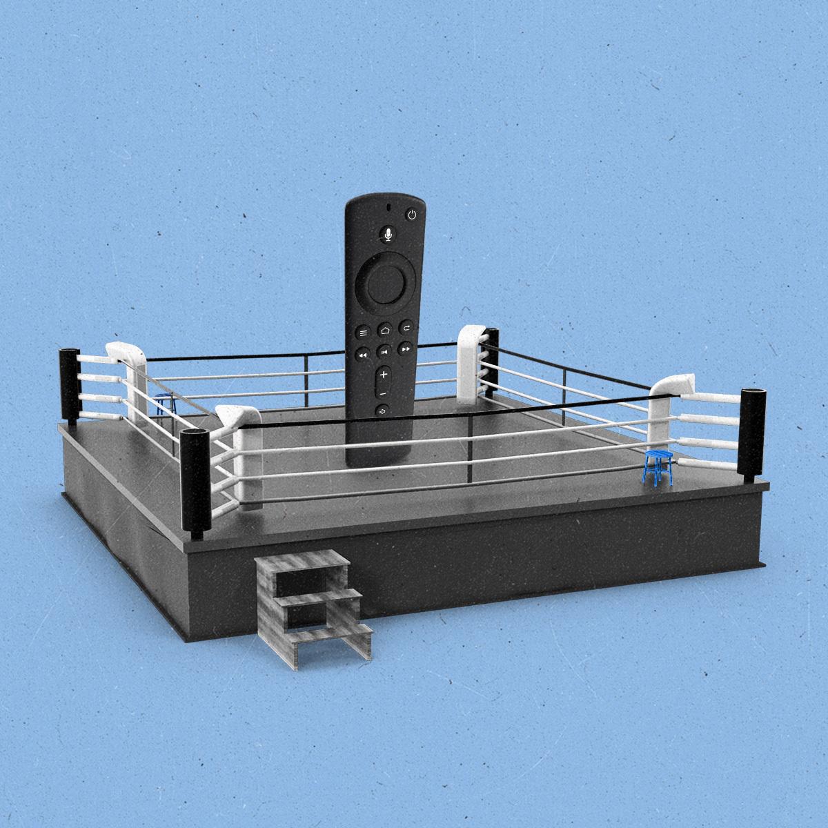 A streaming remote in the center of a boxing ring