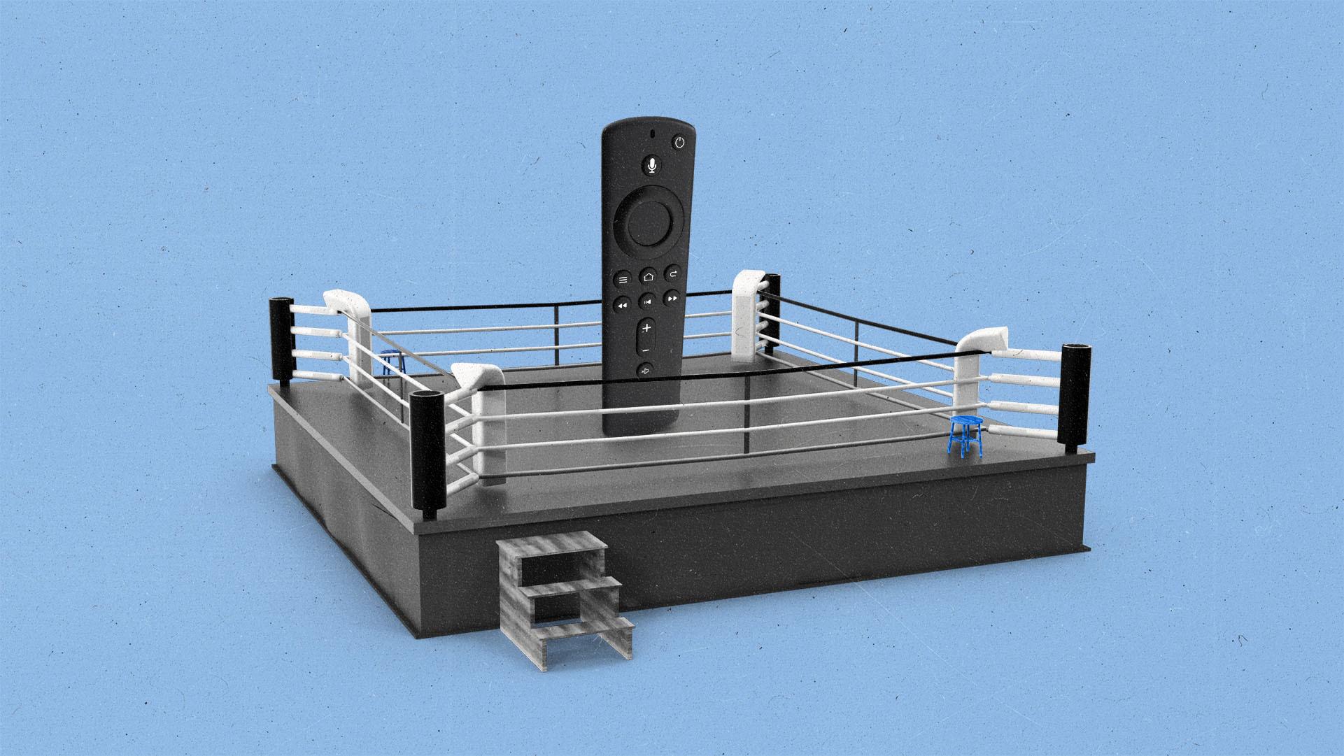 A streaming remote in the center of a boxing ring