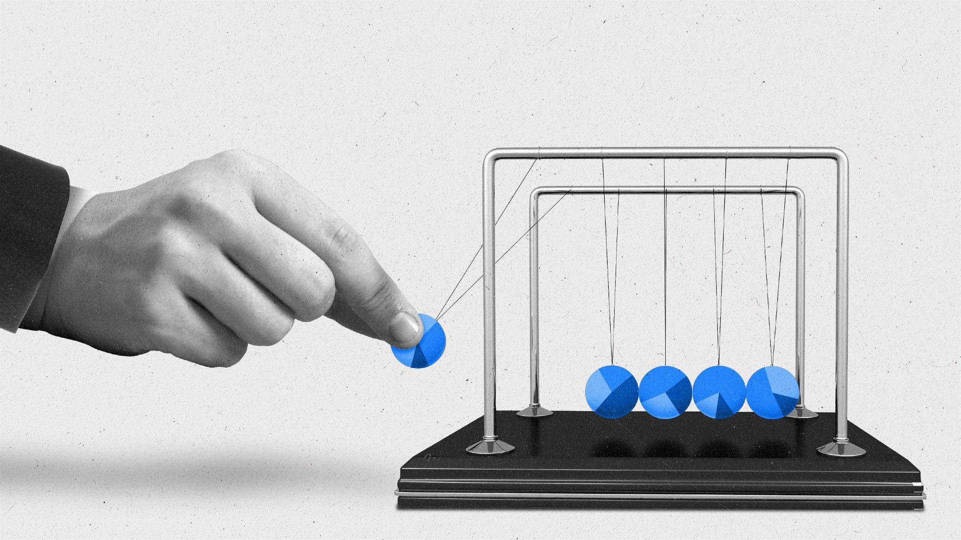 A hand pulling on a ball from Newton's cradle with balls resembling pie charts.