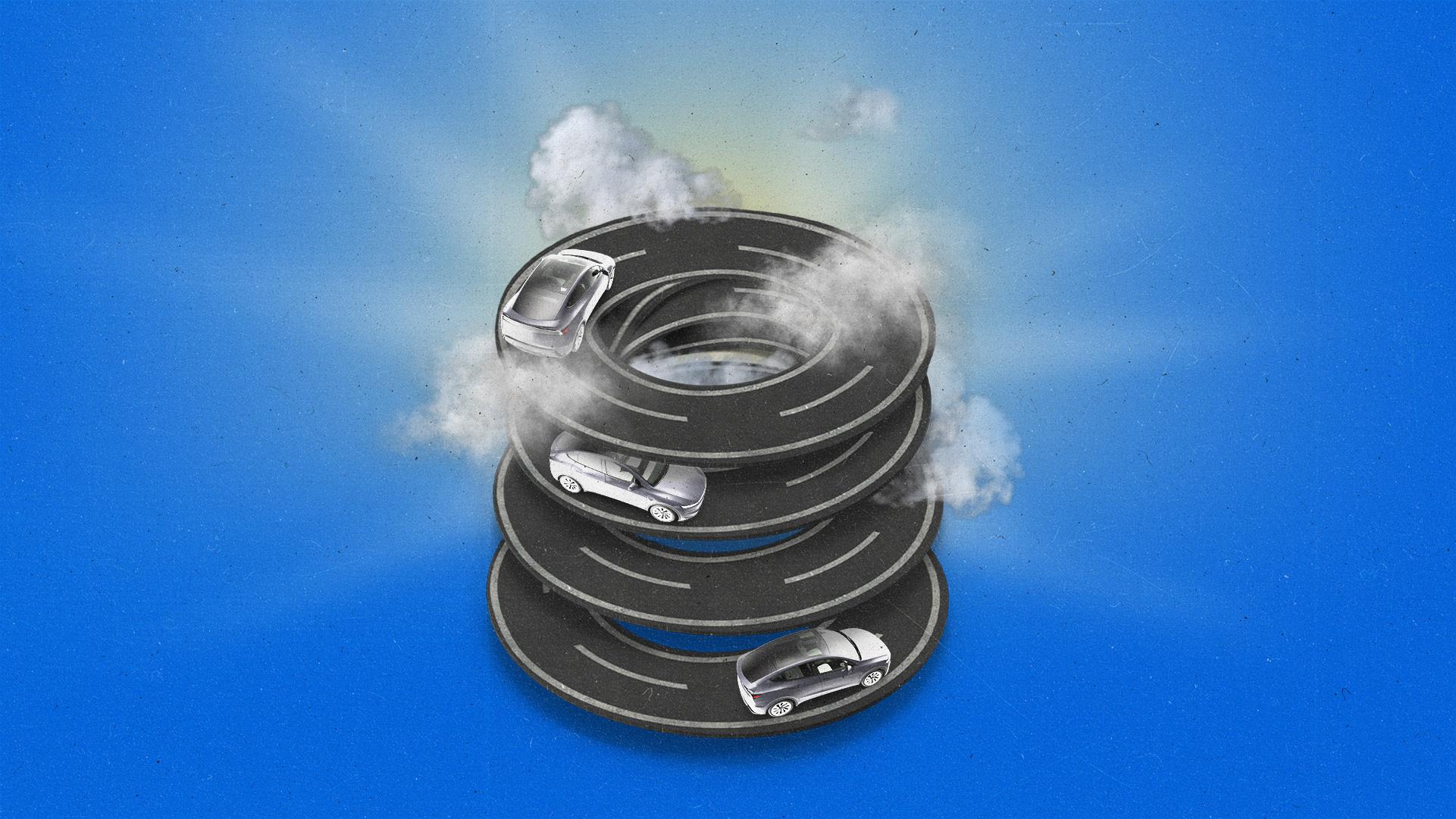 Cars driving up a corkscrew road with a sun rising behind it.