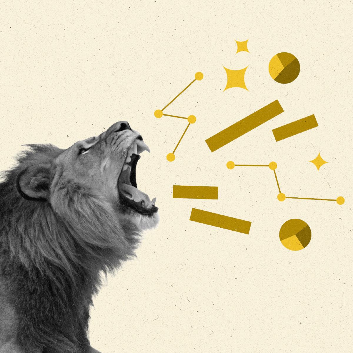 A lion roaring out line graphs, bar graphs, circle graphs, and AI stars.