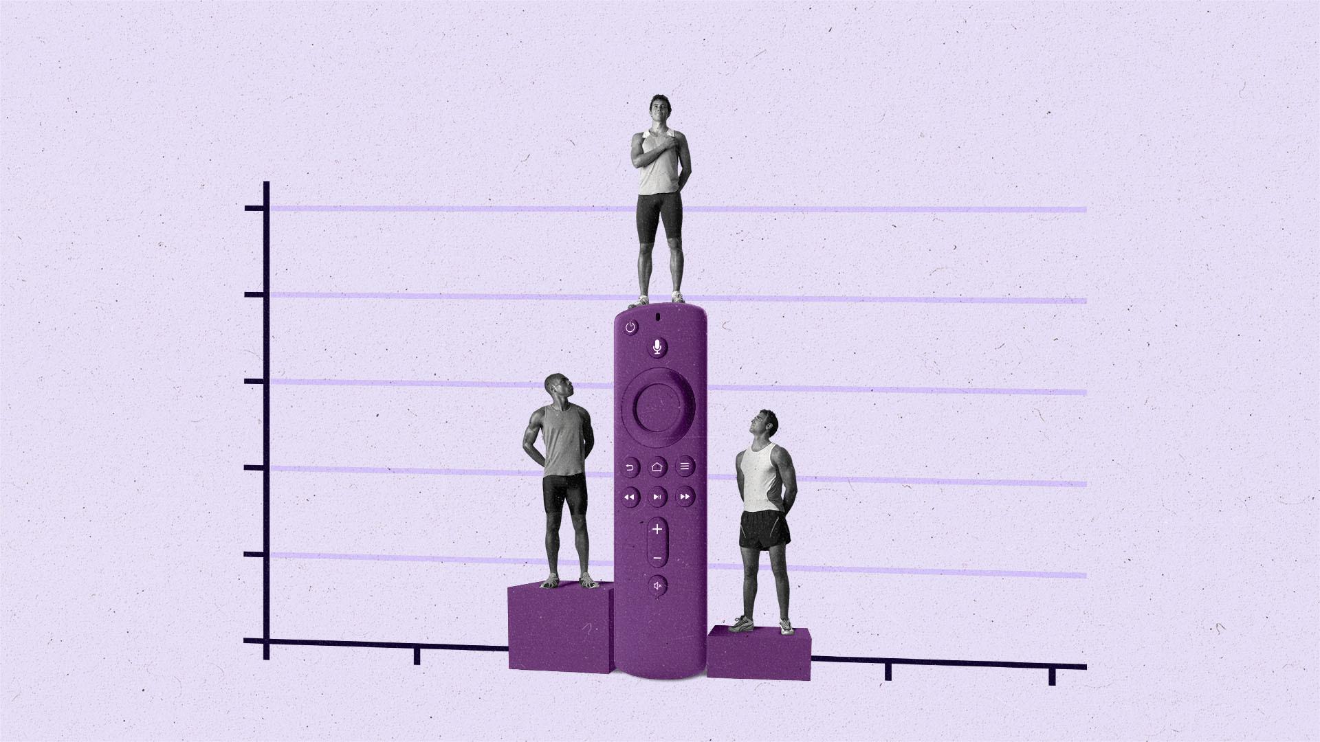 A TV remote as part of a winners podium with athletes standing ontop made to look like a bar graph.