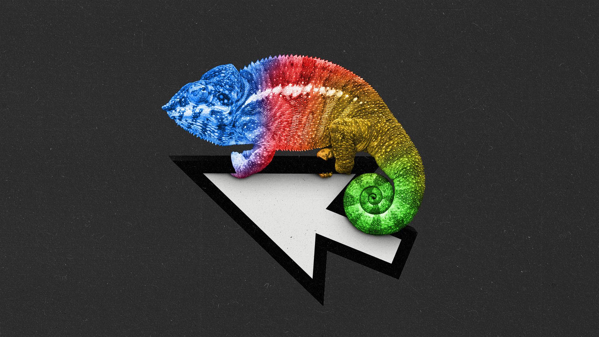 A red, green, blue and yellow chameleon climbing on top of a cursor.