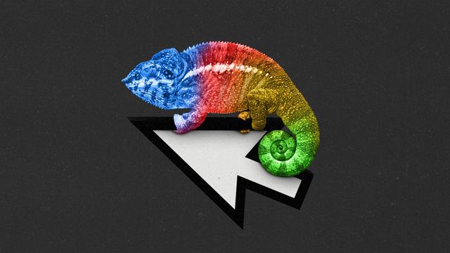 A red, green, blue and yellow chameleon climbing on top of a cursor.