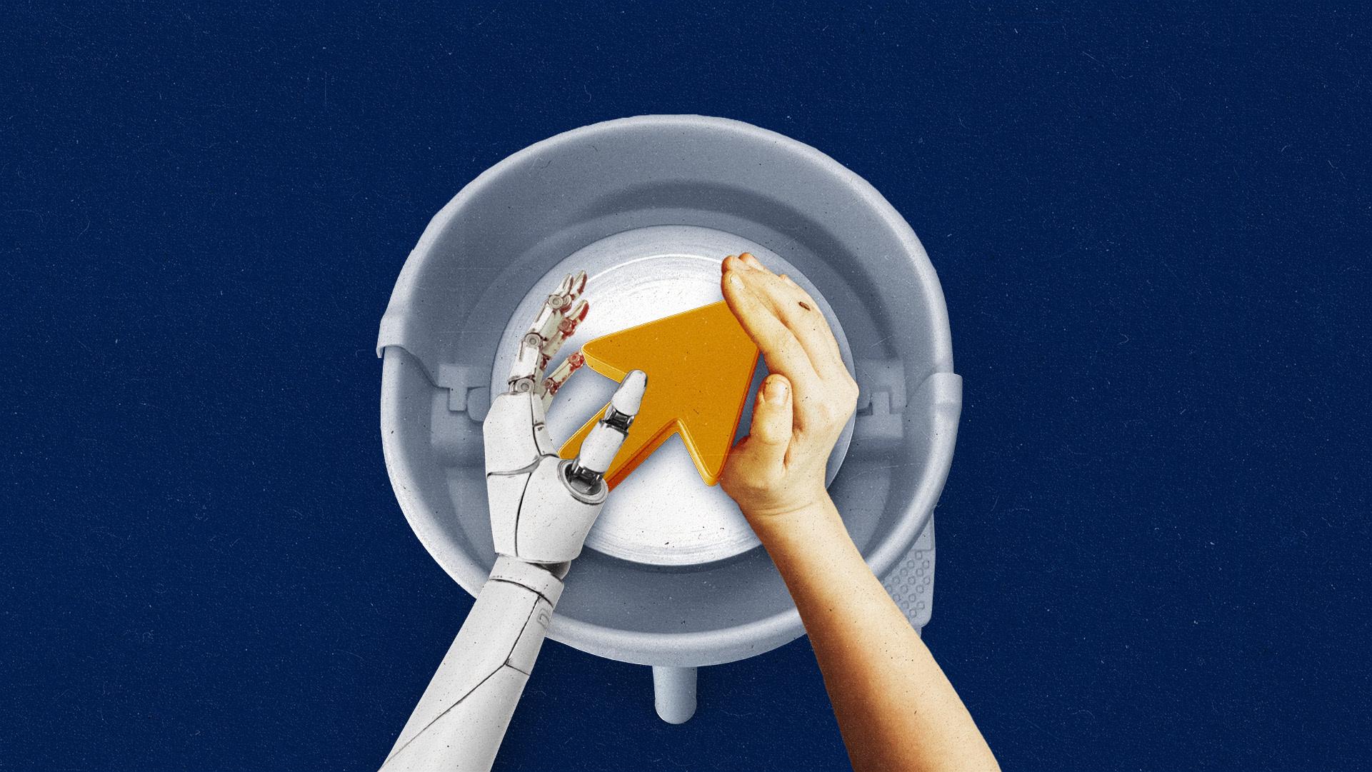 A robot hand and human hand working together at a pottery wheel to create a clay cursor