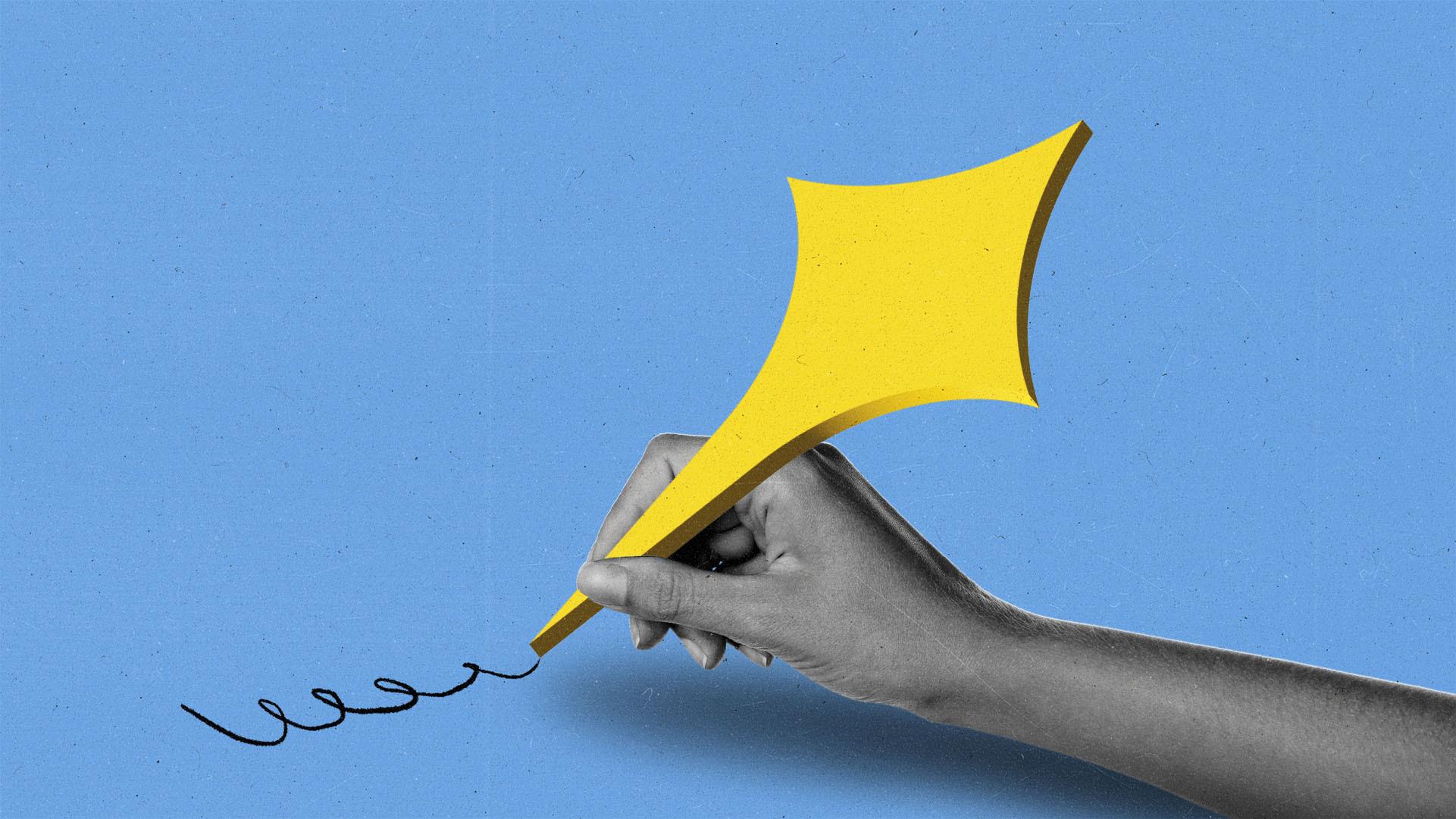 Hand holding an AI sparkle and using it like a fountain pen.