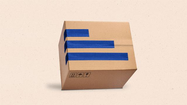 Shipping box with blue packaging tape resembling a bar graph.