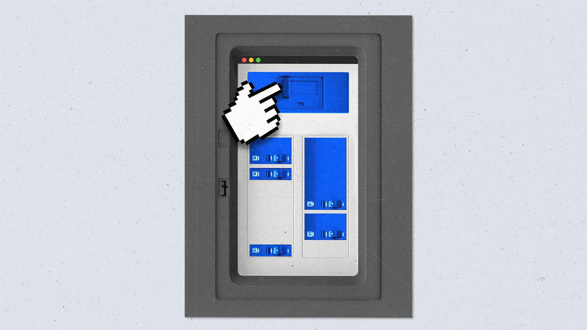 Hand cursor moving towards a reset switch on a breaker box resembling MFA webpage.
