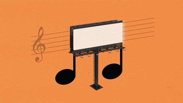 Illustration of a billboard forming musical notes, representing music, media, and advertising.